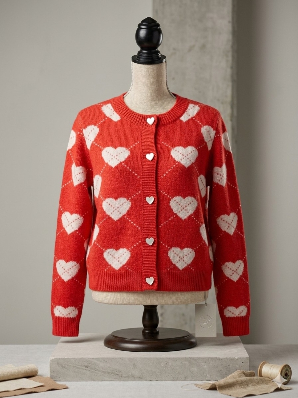 Cynthia Rowley Red Cardigan with White Heart Pattern